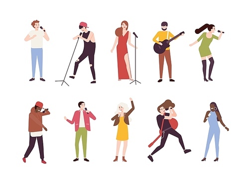 Collection of singers with microphones and musicians isolated on white . Set of young men and women singing songs and playing guitar. Male and female cartoon characters. Vector illustration.