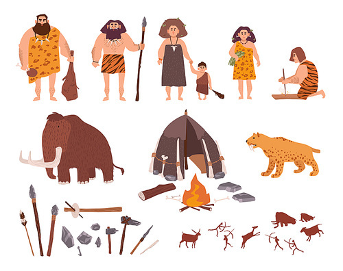 Set of Stone Age theme. Primitive people, children, mammoth, dwelling, hunting and labor tools, saber-toothed tiger, fire, rock carvings. Colorful vector collection in cartoon style