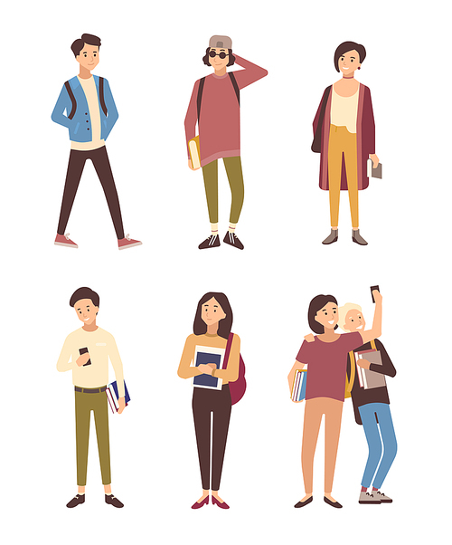 Collection of male and female students dressed in modern clothing isolated on white . Set of young men and women carrying books. Bundle of flat cartoon characters. Vector illustration