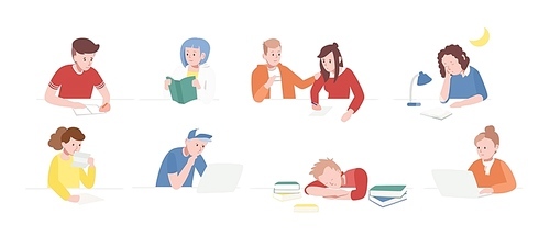 Collection of teenage boys and girls sitting at desks with laptops, reading books, writing, sleeping. Set of school children or students preparing for exams. Flat cartoon vector illustration.
