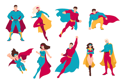 Collection of superheroes. Bundle of men and women with super powers. Set of male and female cartoon or comic characters wearing tight-fitting costumes and capes. Colorful flat vector illustration