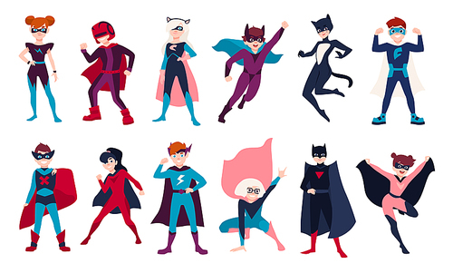 Bundle of kids superheroes. Bundle of boys and girls with super powers. Set of children cartoon or comic characters wearing tight-fitting costumes and capes. Colorful flat vector illustration