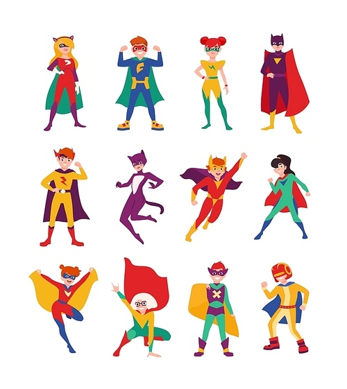 Collection of kids superheroes. Bundle of boys and girls with super powers. Set of strong and brave children wearing tight-fitting costumes and capes. Vector illustration in flat cartoon style