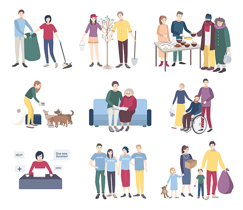 Young volunteers set. Flat vector illustration collection. Help the homeless, scavengery, helping to disabled and elderly people, animals, tree planting. Volunteering concept