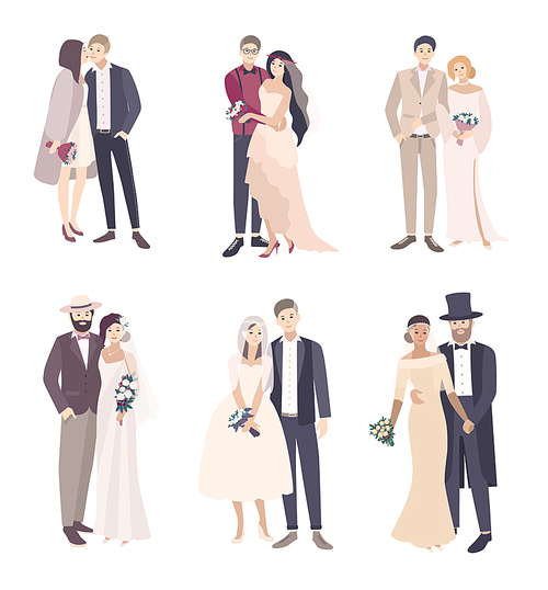set of vector cartoon illustration isolated on white . Beautiful and fashionable wedding couple bride and groom.