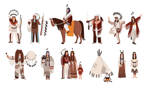 Set of Indians in traditional costumes. Native american family, girl, shaman, people with a bow and arrows, peace-pipe, a spear, on a horse. Colorful vector illustration in cartoon style