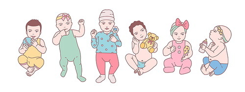 Bundle of cute newborn babies or small children dressed in various clothes and holding toys and rattles. Set of toddlers in different poses drawn in line art style. Colorful vector illustration