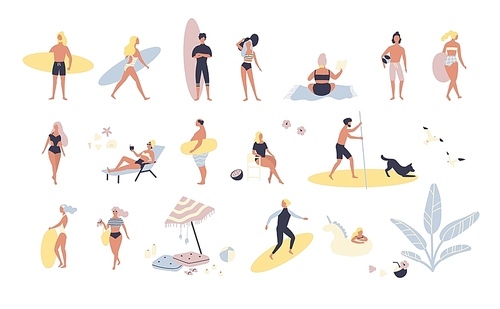 Collection of people performing summer outdoor activities at beach - sunbathing, walking, carrying surfboard, swimming in sea. Cartoon characters isolated on white . Vector illustration