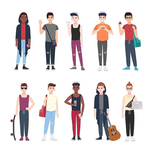 Collection of teenage boys dressed in trendy clothing isolated on white . Set of male teenager cartoon characters with skateboard, fidget spinner, laptop, guitar. Vector illustration.