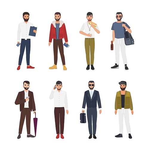 Collection of caucasian bearded men dressed in casual and formal clothes and standing in various poses. Male cartoon characters isolated on white . Colored vector illustration in flat style.