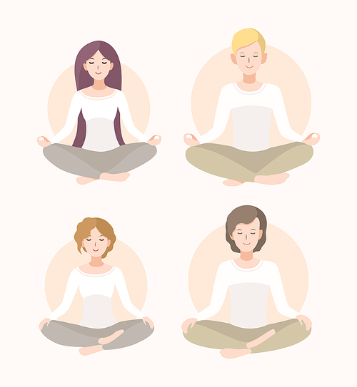 Relaxation, isolated people illustration. Set young woman and man meditating in lotus pose and crossed legs .