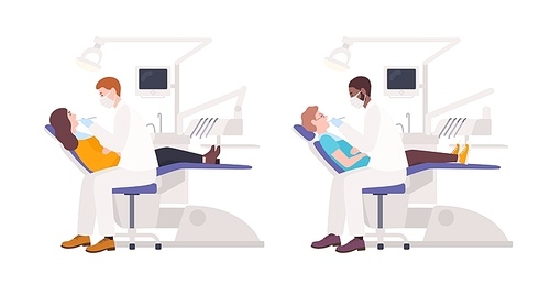 Bundle of dentists examining male and female patients lying in chairs. Set of dental surgeons treating man and woman isolated on white . Flat cartoon characters. Vector illustration.