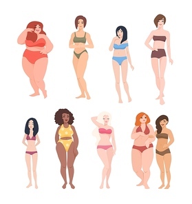 Collection of gorgeous women of different race, height and figure type dressed in swimwear. Cute female cartoon characters isolated on white background. Colorful vector illustration in flat style
