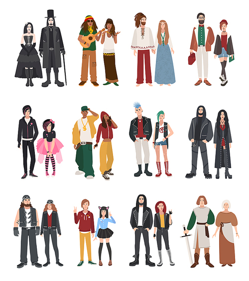 Set of different subculture. Couple rapper, hipster, punk, rocker, hippie, goth, emo, historical reenactors, metalhead, biker rastaman Girl and guy in flat style illustration collection