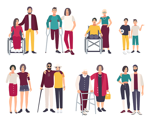 Happy disabled people with friends. Cartoon flat illustrations set