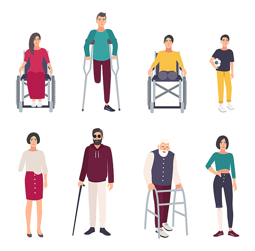 Different disabled people. Cartoon flat illustrations set