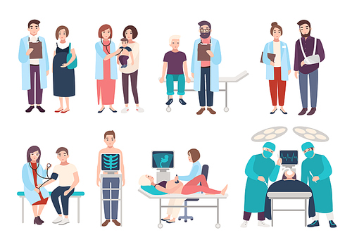 Set of doctors and patients in polyclinic, hospital. Visit to therapist, pediatrician, gynecologist, surgeon. medical services ultrasound diagnostics, x-ray, surgery. Vector cartoon illustrations