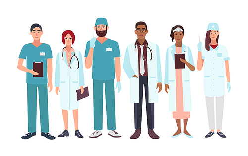 Set of doctors different specialization, nurse, surgeon, therapist, otorhinolaryngologist. Vector illustration characters in flat style. A group man and woman medical workers