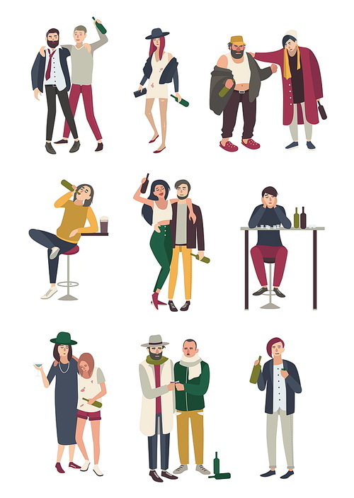 Drunk people in various situation. Flat characters set. woman and man, girl and boy on white background