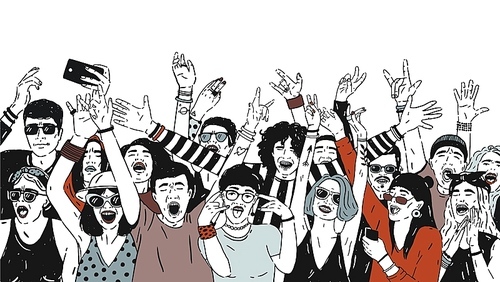 Large group of cheerful people or music fans standing with raised hands loudly screaming and singing. Crowd of spectators or audience of summer open air festival. Hand drawn vector illustration.