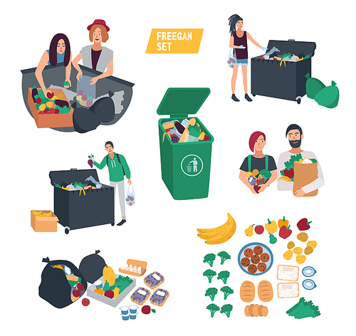 freeganism set. freegan people search food in dumpster, trash bin, garbage can. cartoon vector illustrations collection