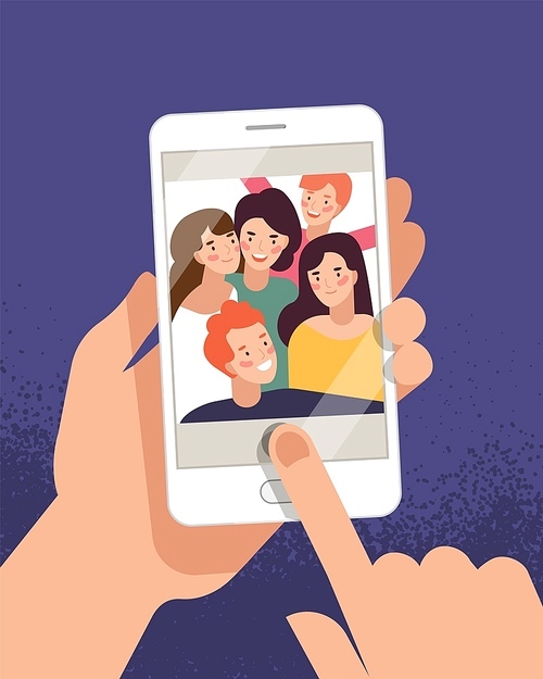 Hands holding mobile phone with happy boys and girls displaying on screen. Friends posing for selfie, group of joyful people photographing themselves. Flat colorful cartoon vector illustration