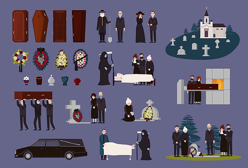 Funeral service and ceremony collection. Grieving people dressed in black mourning clothes, graves, coffins, funerary urns, hearse, cemetery, burial and cremation procedures. Vector illustration