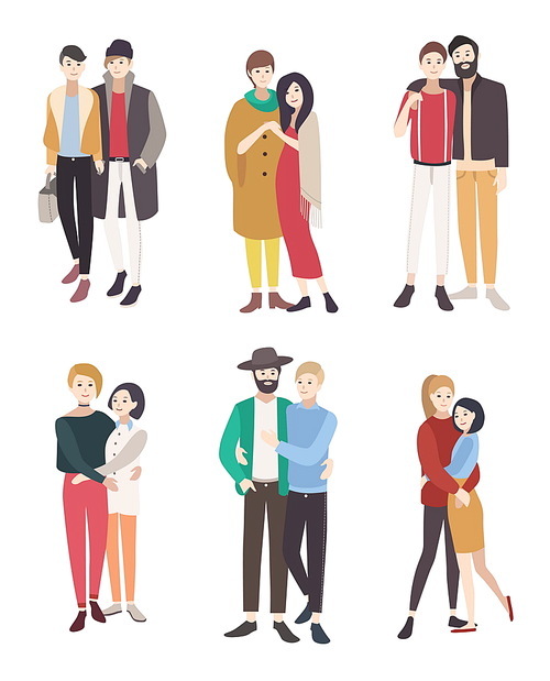 Gay couples flat colorful illustration. LGBT men and women in love