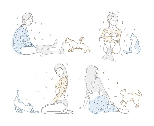Collection of beautiful girls sitting in various poses and cats hand drawn with contour lines on white background. Set of drawings of young women and their cute pet animals. Vector illustration.
