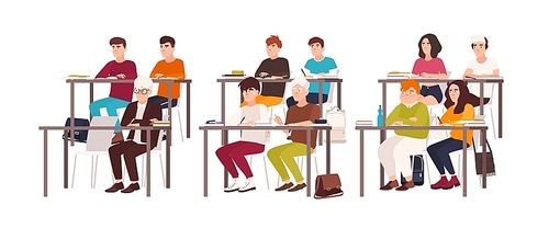 Group of pupils sitting at desks in classroom, demonstrating good behavior and attentively listening to lesson or lecture. Obedient teenage children or students. Flat cartoon vector illustration