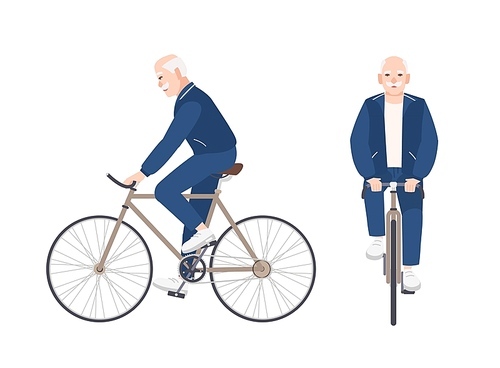 Old man dressed in sport clothing riding bike. Flat male cartoon character on bicycle. Pedaling elderly cyclist or bicyclist isolated on white . Front and side views. Vector illustration