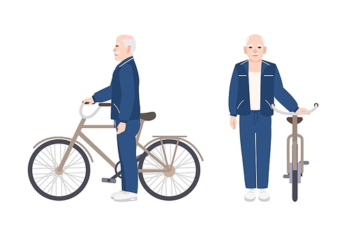 Elderly man or grandfather dressed in sport apparel standing beside bike. Flat male cartoon character holding bicycle. Old smiling bicyclist isolated on white . Colorful vector illustration