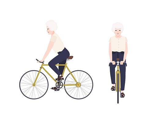 Old woman, grandmother or granny riding bike. Female cartoon character on bicycle. Pedaling elderly cyclist isolated on white . Leisure activity. Front and side views. Vector illustration