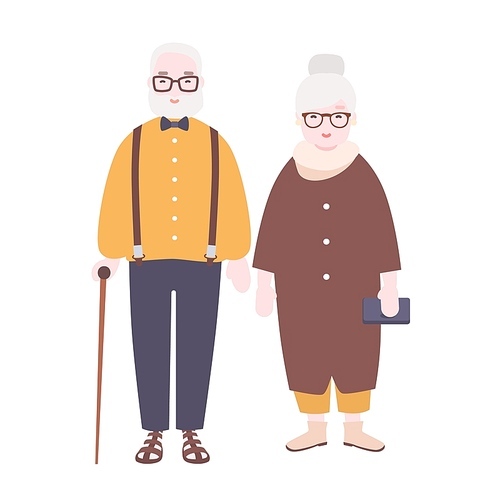Adorable elderly married couple. Old man and woman dressed in elegant clothing standing together. Funny cartoon characters isolated on white . Colorfun vector illustration in flat style.