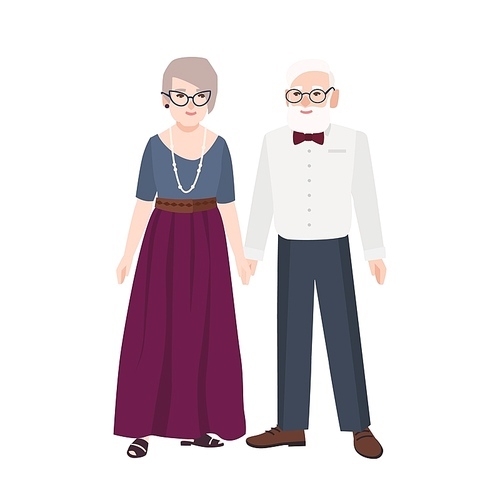 Elegant elderly couple. Pair of old man and woman dressed in formal clothes standing together. Grandfather and grandmother. Flat male and female cartoon characters. Colorful vector illustration