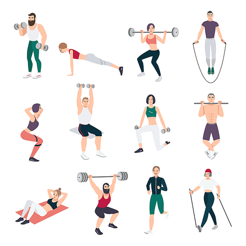 Gym people set. Young man and women engaged in sport. Different exercises collection in flat style. Vector illustration