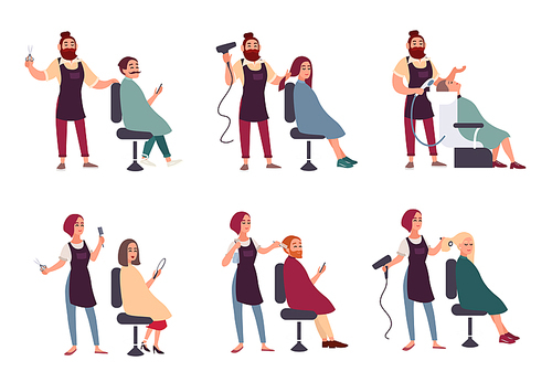 Set of different hairdresser. Trendy man and woman in barbershop, hairdressing salon. Services makes styling, dries, washes, cuts hair and mustache collection. vector illustration in flat style