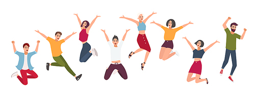 Horizontal banner with happy people. Young guys and girls jumping. Colorful vector illustration in flat style