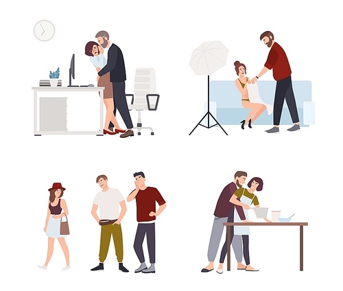Set of sexual harassment, assault and abuse incidents. Male boss groping female office worker in workplace, film director harassing actress, men whistling and staring at woman. Vector illustration.
