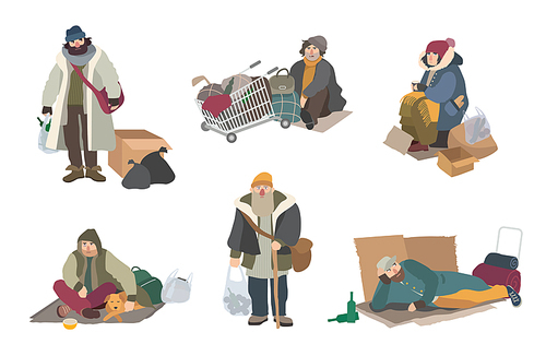 cartoon flat characters set illustration. Homeless people.