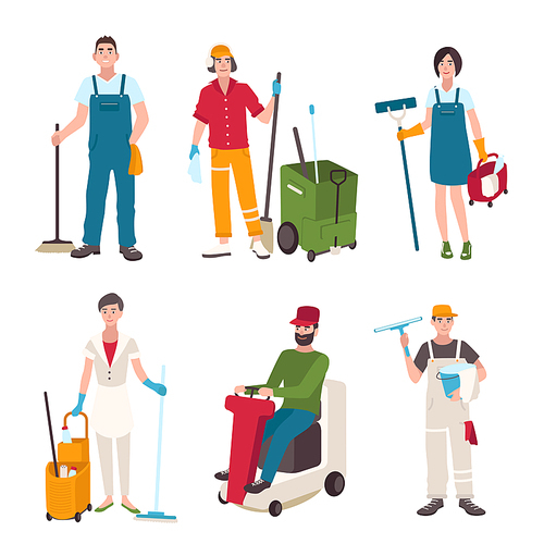 Different janitor set. People with cleaning equipment window washer, cleaner, sweeper the floor. Man on the washing machine, woman with a broom. Vector illustration in flat style