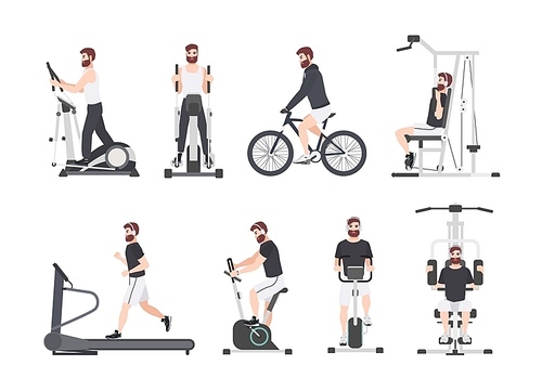 Bearded man dressed in sports clothes doing fitness training on exercise machines at gym. Male cartoon character during power and weight loss workout. Front and side views. Flat vector illustration.