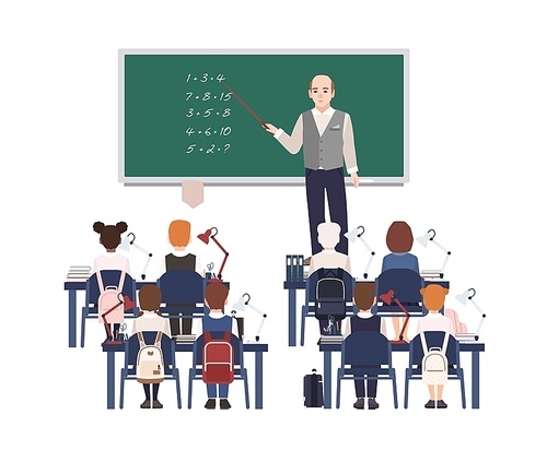 Male math teacher explaining addition to elementary school kids or pupils. Friendly man teaching mathematics or arithmetic to children sitting in classroom. Flat cartoon colorful vector illustration