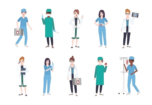 Set of female medical workers. Bundle of women medics dressed in white coats and scrubs - doctor or physician, paramedic, nurse, surgeon, laboratory assistant. Flat cartoon vector illustration