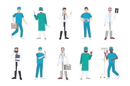 Collection of male medical workers dressed in white coats and scrubs - doctor or physician, paramedic, nurse, surgeon, laboratory assistant, emergency medic. Flat cartoon vector illustration