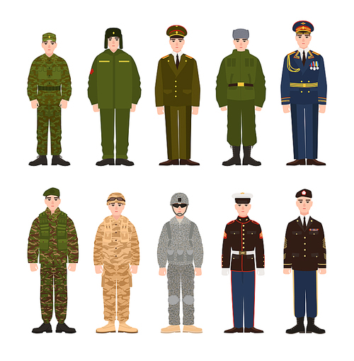 Collection of Russian and American military people or personnel dressed in various uniform. Bundle of soldiers of Russia and USA. Set of flat cartoon characters. Modern colorful vector illustration