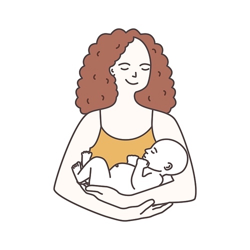 Portrait of happy smiling mother holding infant baby isolated on white . Young woman carrying newborn child. Parenting, maternity, neonatal care and nursing. Colorful vector illustration