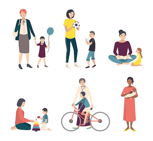 Mothers with children, baby. Set with various characters in games, walk, training. Colorful flat illustrations