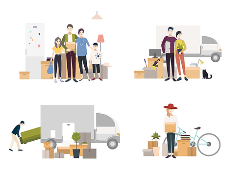 Set of images in flat style. People moving into a new house with things.
