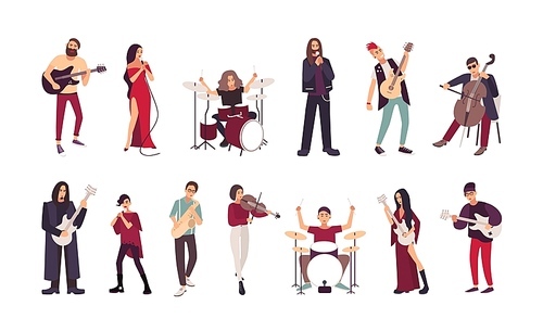 Collection of male and female singers and musicians isolated on white . Men and women singing and playing guitar, cello, drum kit, violin, saxophone. Cartoon flat vector illustration.